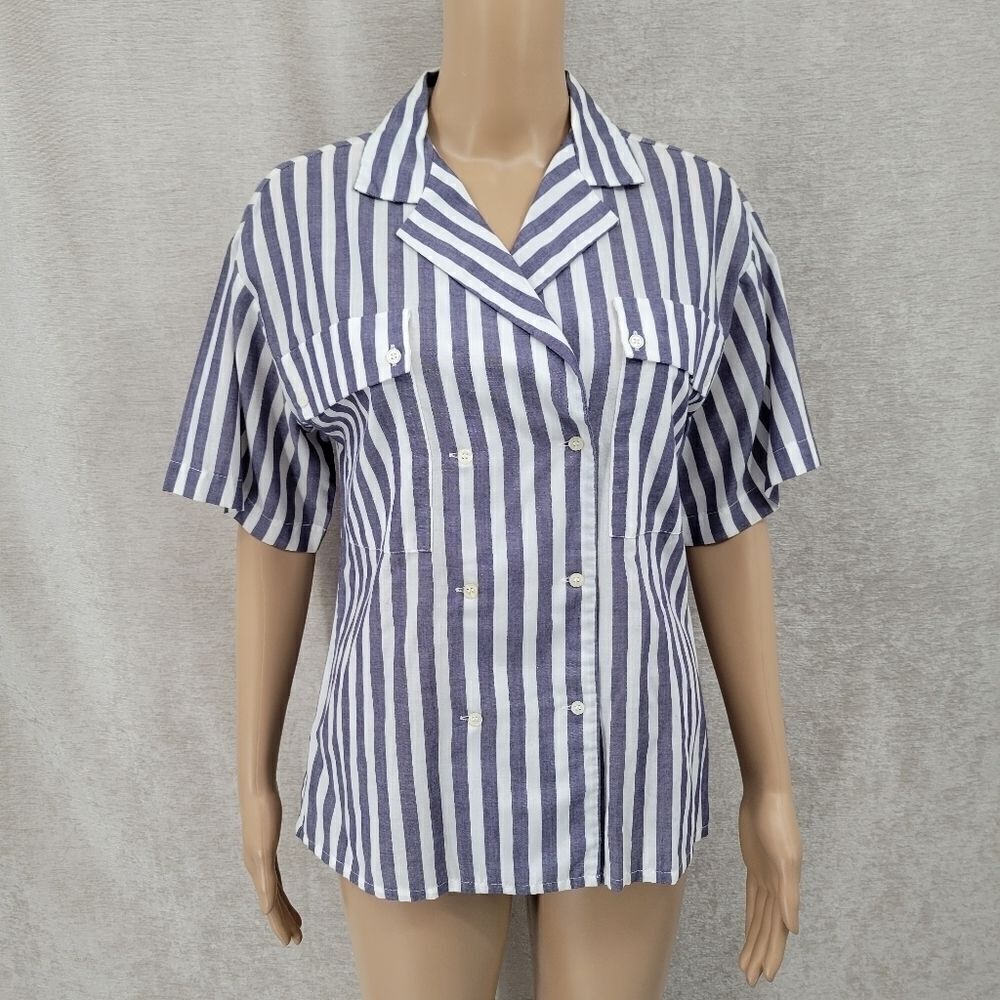 Pan-Her Women's Vtg Double Breasted Blue White Stripe Short Sleeve Blouse